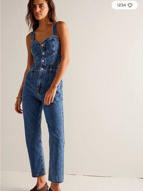 We The Free Dark Blue Denim Button-Front Jumpsuit